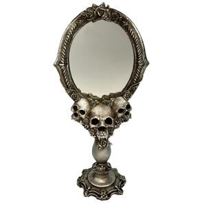 Gothic Skull Roses Floral Standing Mirror Silver Tone Vanity Table Top Decor